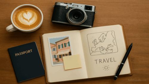 パスポート、ラテアート入りのカフェラテ、カメラ、ヨーロッパ地図と『TRAVEL』と書かれたノート、写真とペンが木のテーブルに並んでいる旅行準備のイメージ