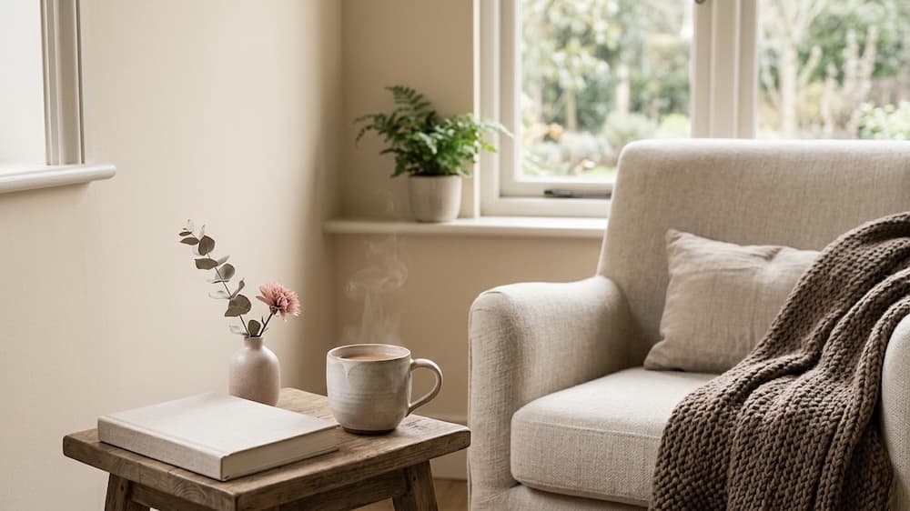 やわらかな自然光が差し込む部屋で、コーヒーと本、花が置かれた落ち着いた癒しの空間