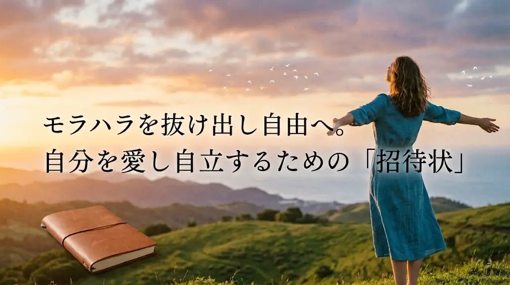 夕景の山々を背景に、モラハラから抜け出し自立を決意した女性が両手を広げて深呼吸する様子。手前には革のノートが置かれている。
